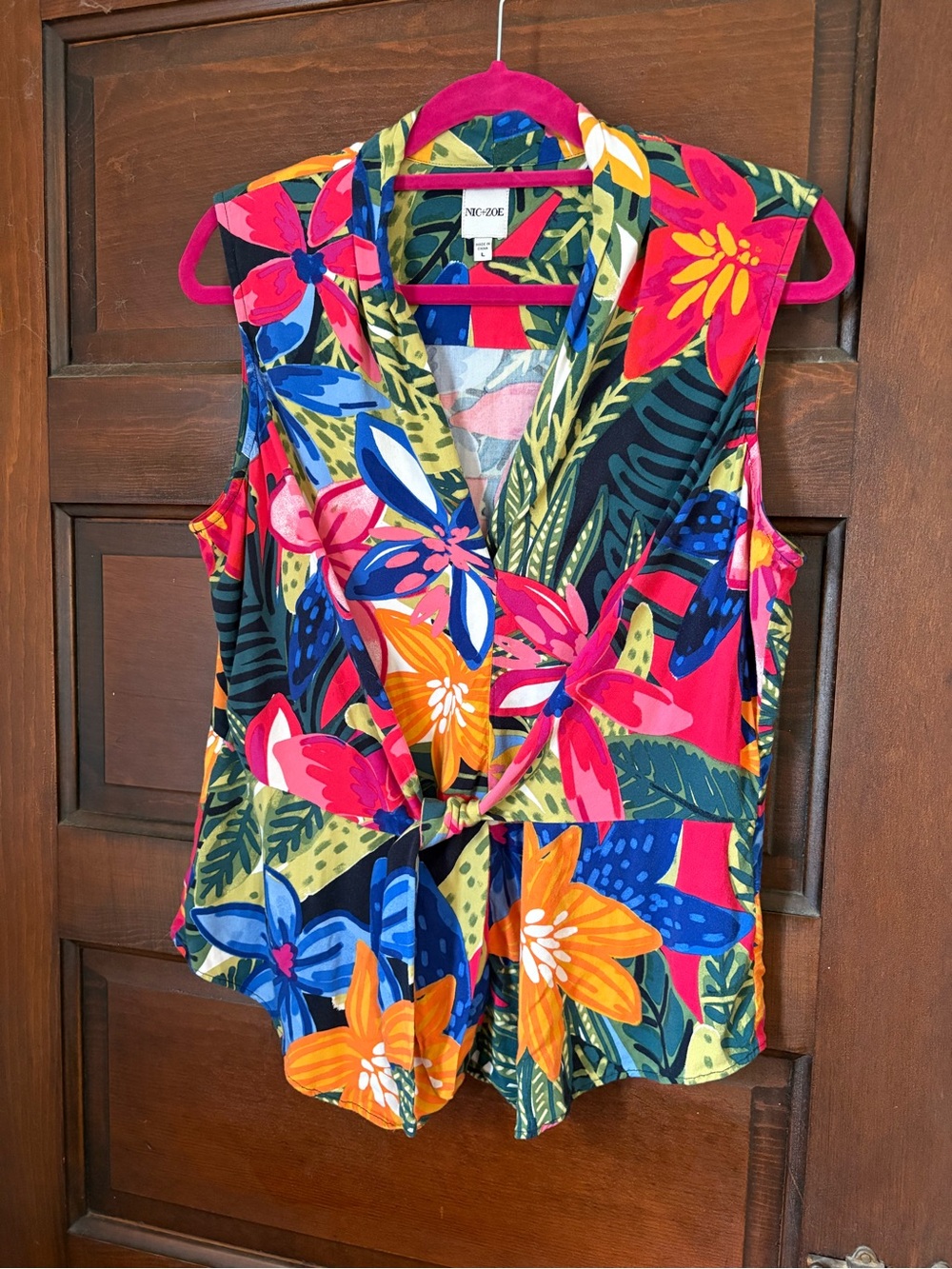 NIC+ZOE Vibrant Floral Tie-Front Sleeveless Top - Pink, Blue, Orange, Green